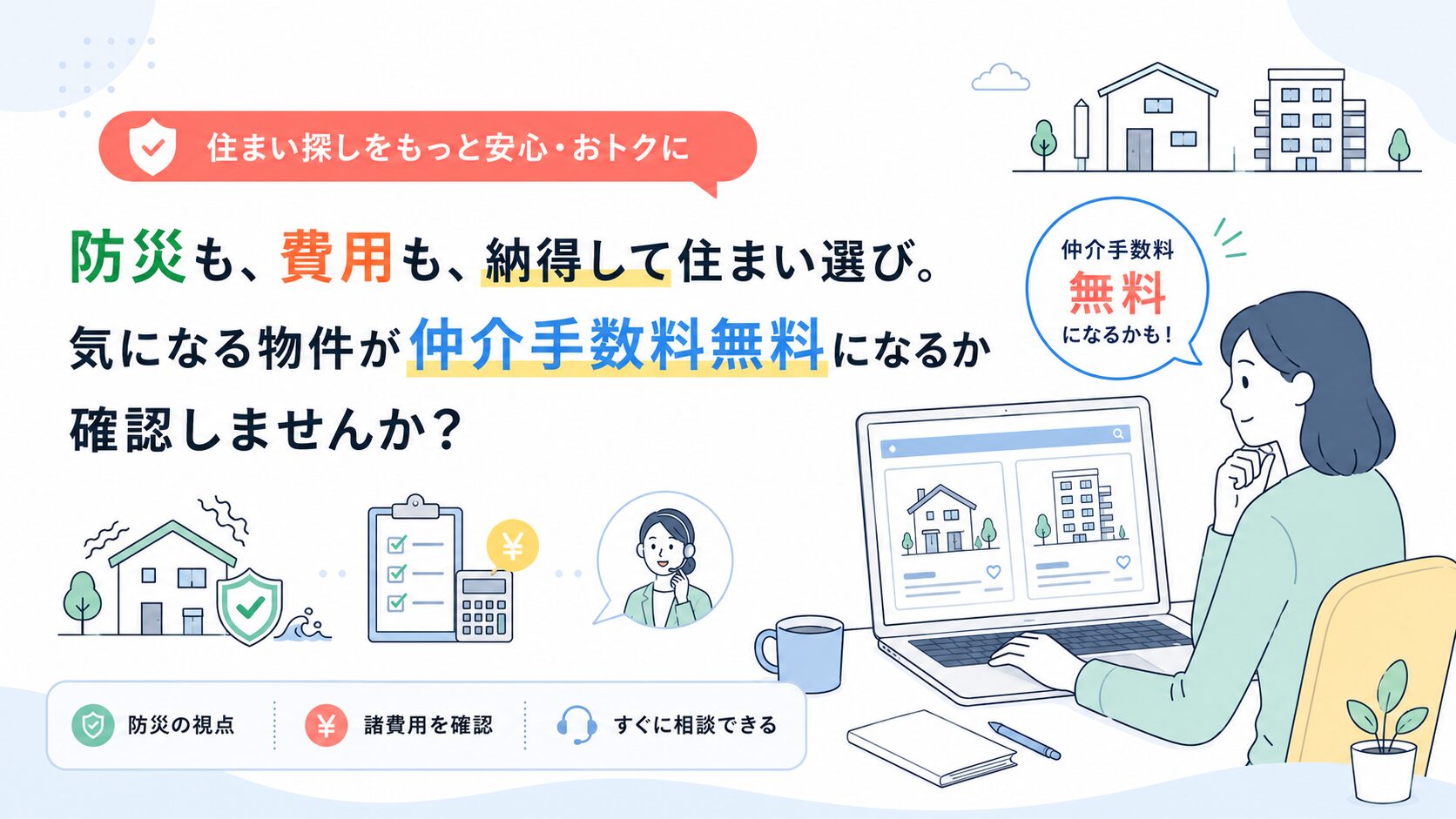 運営会社:株式会社辰巳地所のサービス 防災の視点と購入費用の両方から、納得できる住まい選びをサポート。気になる新築戸建・リノベーションマンションが仲介手数料無料の対象になるか確認できます。