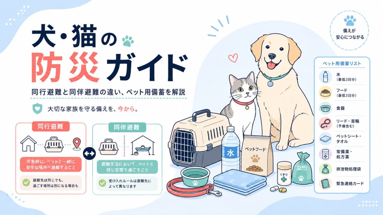 犬・猫の防災ガイド｜同行避難と同伴避難の違い、ペット用備蓄を解説